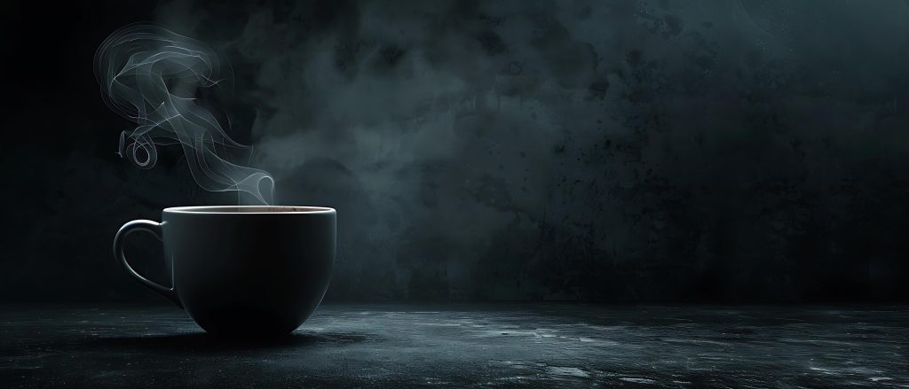 Steaming coffee cup against dark, moody background