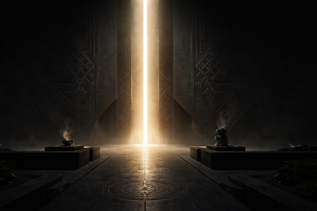 Light streaming through ancient temple door