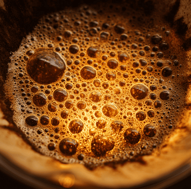 Close-up of coffee brewing bubbles in filter.